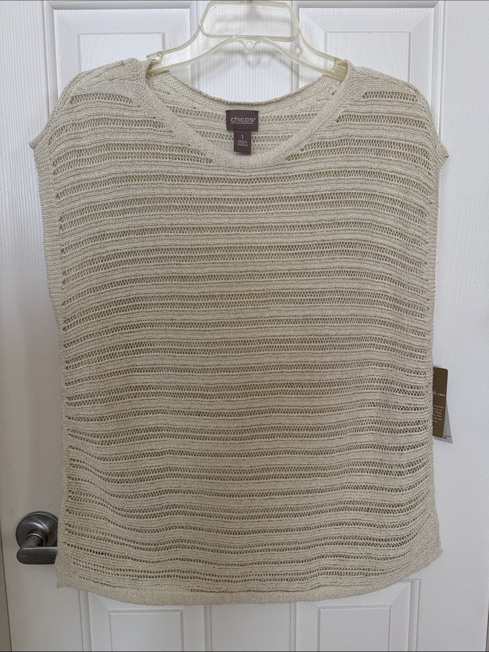 Chico's Open-Stitch Cream Knit Cap-Sleeve Tunic